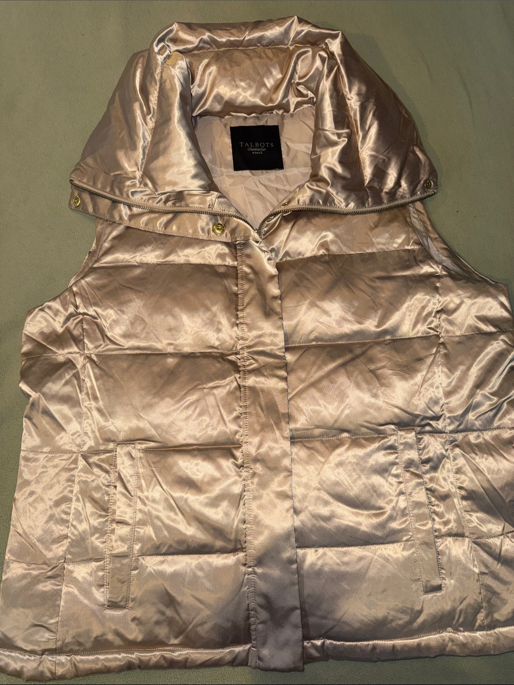 Talbots Shimmery Gold/Champagne color Satin Puffer Vest w/down feather filling